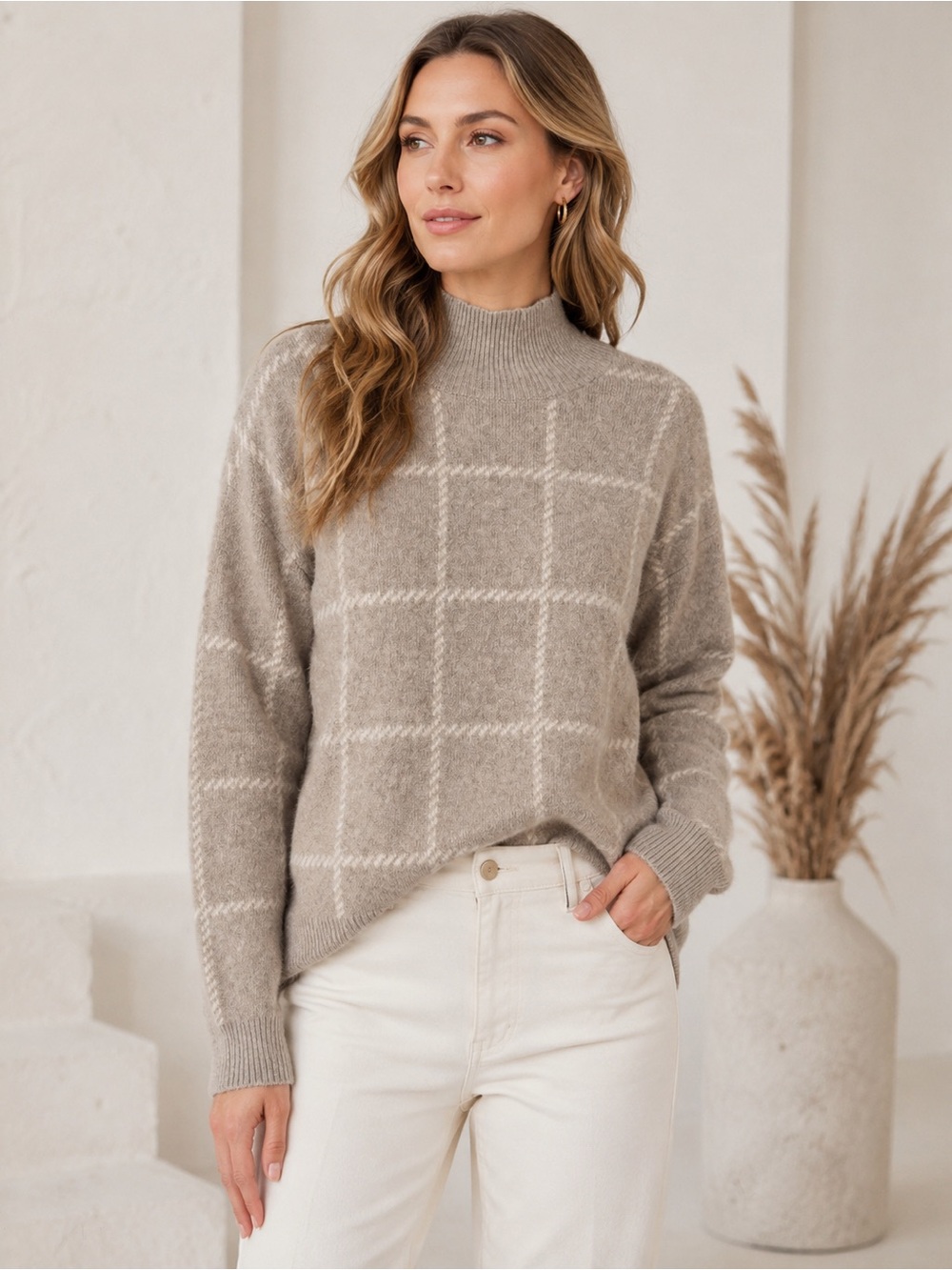 Rachel Zoe Windowpane Mock Neck Sweater | Medium | Cozy Wool Blend